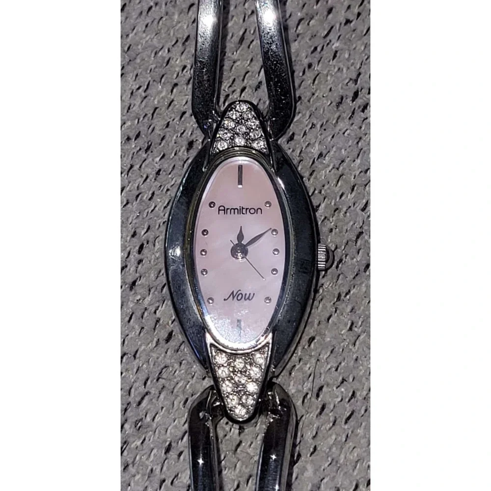 Armitron Now Silver Tone Bangle Watch Pink‎ Face Rhinestone Accent Womens